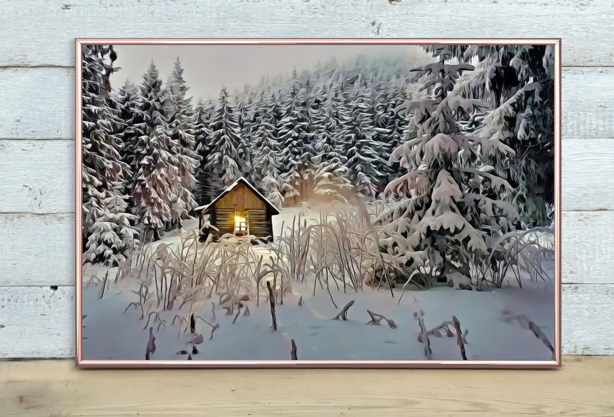 Detail view of artwork from Small Cabin in the Snow Winter Landscape Painting. Printable Wall Art, for Home or Office Decor, Nature Print Digital Art Instant Download. (variation 2)