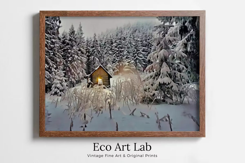 Small Cabin in the Snow Winter Landscape Painting. Printable Wall Art, for Home or Office Decor, Nature Print Digital Art Instant Download – Printable Wall Art