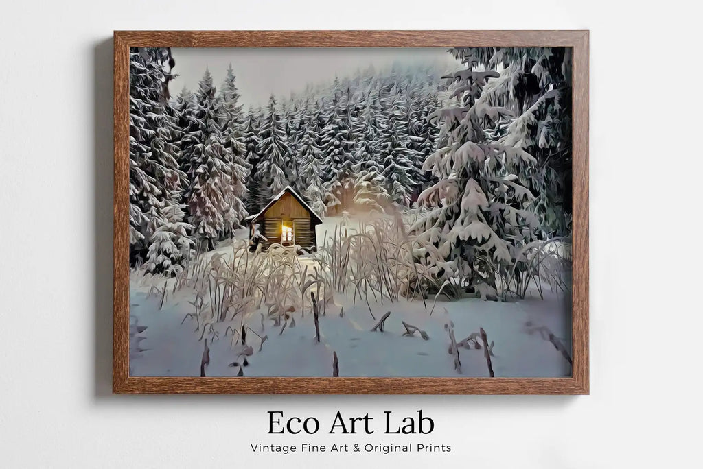 Framed view of Small Cabin in the Snow Winter Landscape Painting. Printable Wall Art, for Home or Office Decor, Nature Print Digital Art Instant Download – printable wall art digital download.