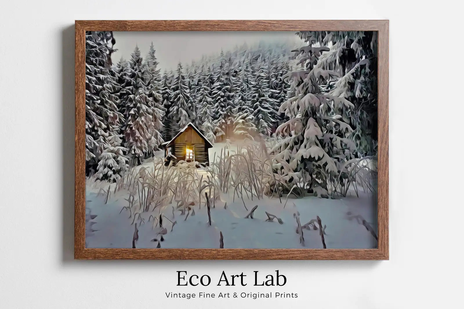 Framed view of Small Cabin in the Snow Winter Landscape Painting. Printable Wall Art, for Home or Office Decor, Nature Print Digital Art Instant Download – printable wall art digital download.