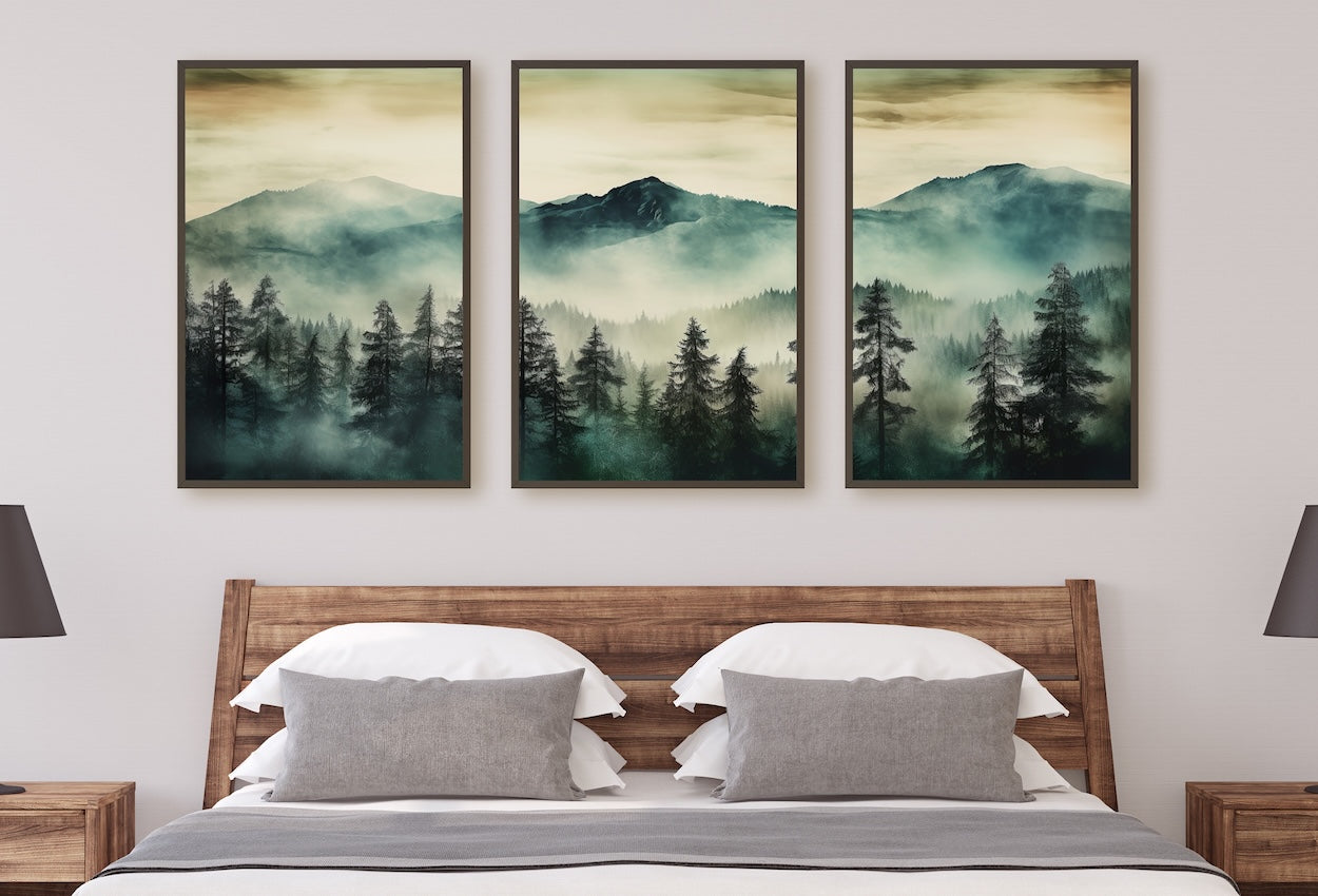 3 Piece Wall Art Sage Green Mountain | Watercolor Mountain Landscape | Abstract Nature Print | Modern Minimal Decor
