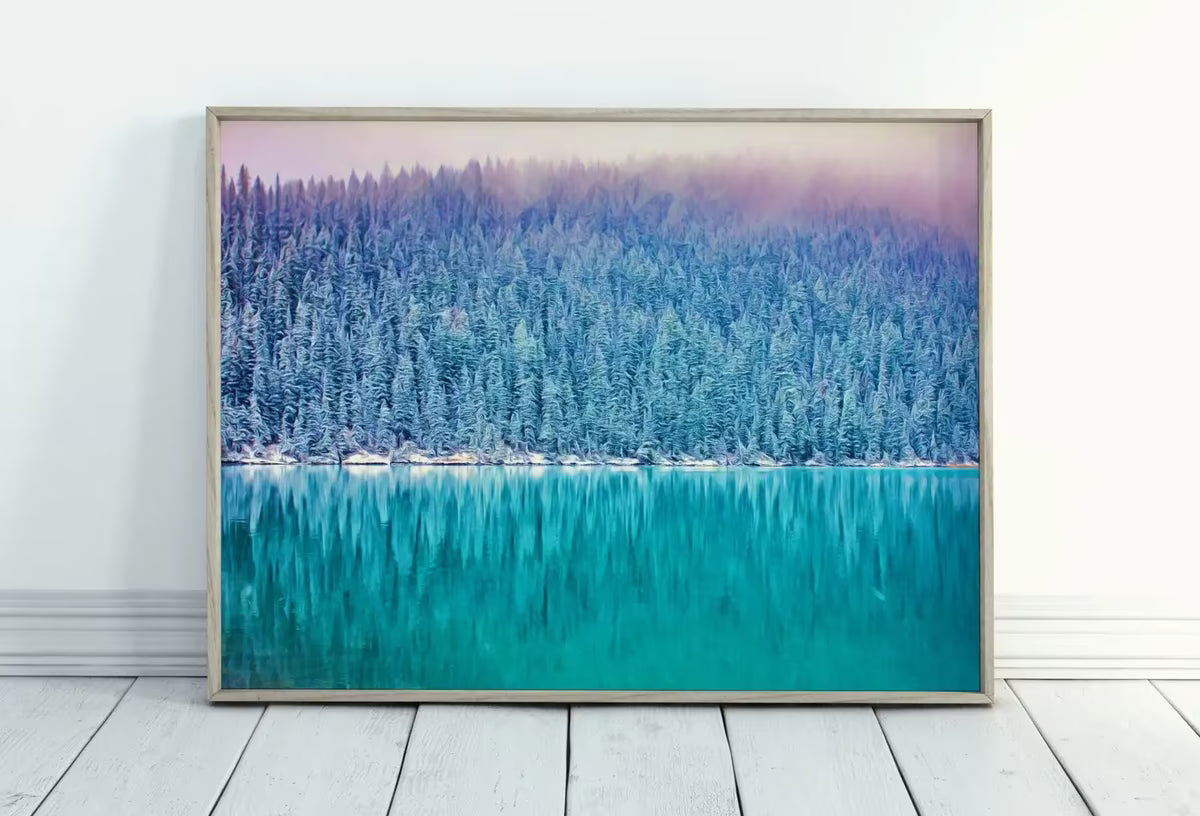 Snow Covered Woodland w/ Lake Landscape Digital Painting. Printable Wall Art Home or Office Decor Nature Print Digital Art Instant Download – Printable Wall Art