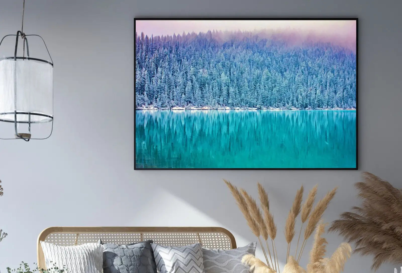 Detail view of artwork from Snow Covered Woodland w/ Lake Landscape Digital Painting. Printable Wall Art Home or Office Decor Nature Print Digital Art Instant Download. (variation 1)