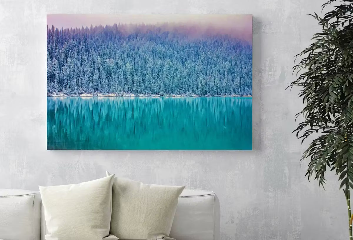 Snow Covered Woodland w/ Lake Landscape Digital Painting. Printable Wall Art Home or Office Decor Nature Print Digital Art Instant Download – Printable Wall Art