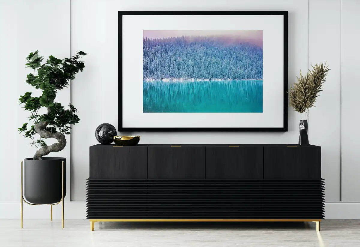 Detail view of artwork from Snow Covered Woodland w/ Lake Landscape Digital Painting. Printable Wall Art Home or Office Decor Nature Print Digital Art Instant Download. (variation 2)