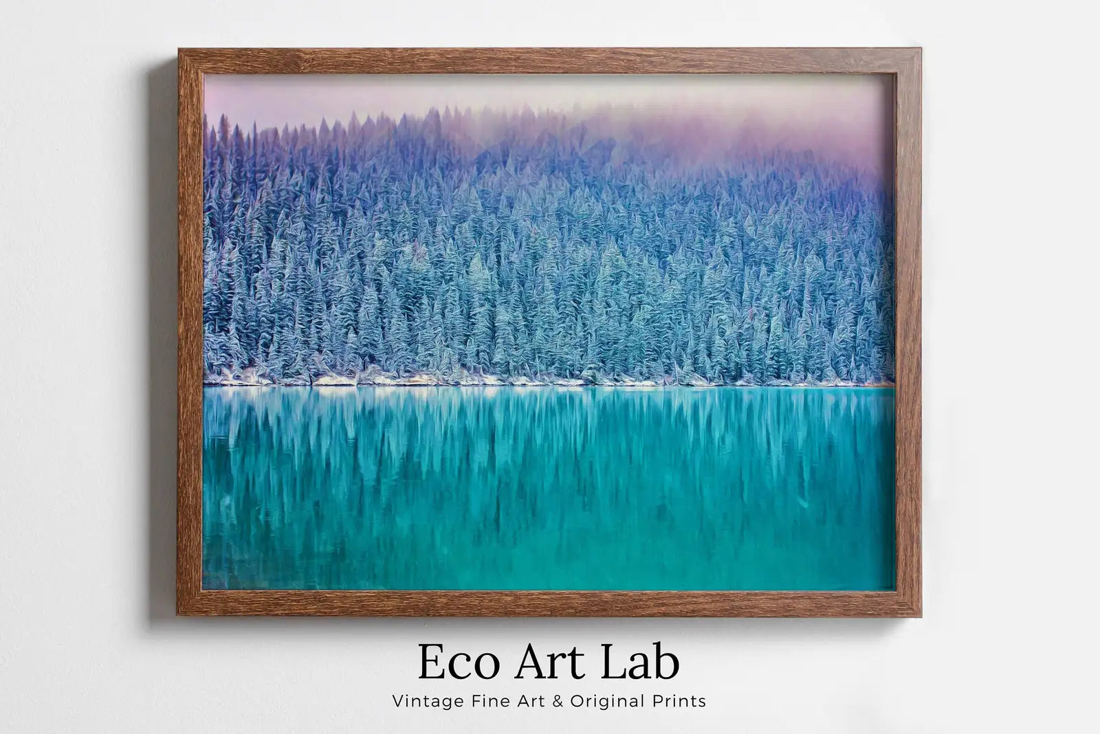 Framed view of Snow Covered Woodland w/ Lake Landscape Digital Painting. Printable Wall Art Home or Office Decor Nature Print Digital Art Instant Download – printable wall art digital download.