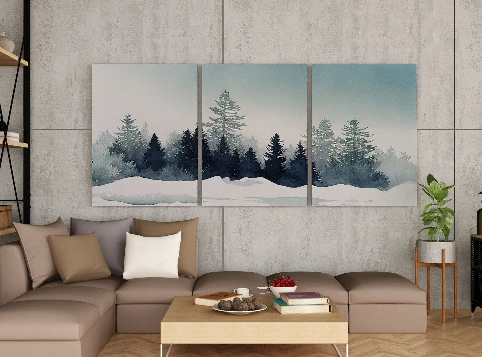 Forêt enneigée en aquarelle : Ensemble de trois pièces d’art mural représentant un paysage hivernal, idéal pour créer une galerie murale.