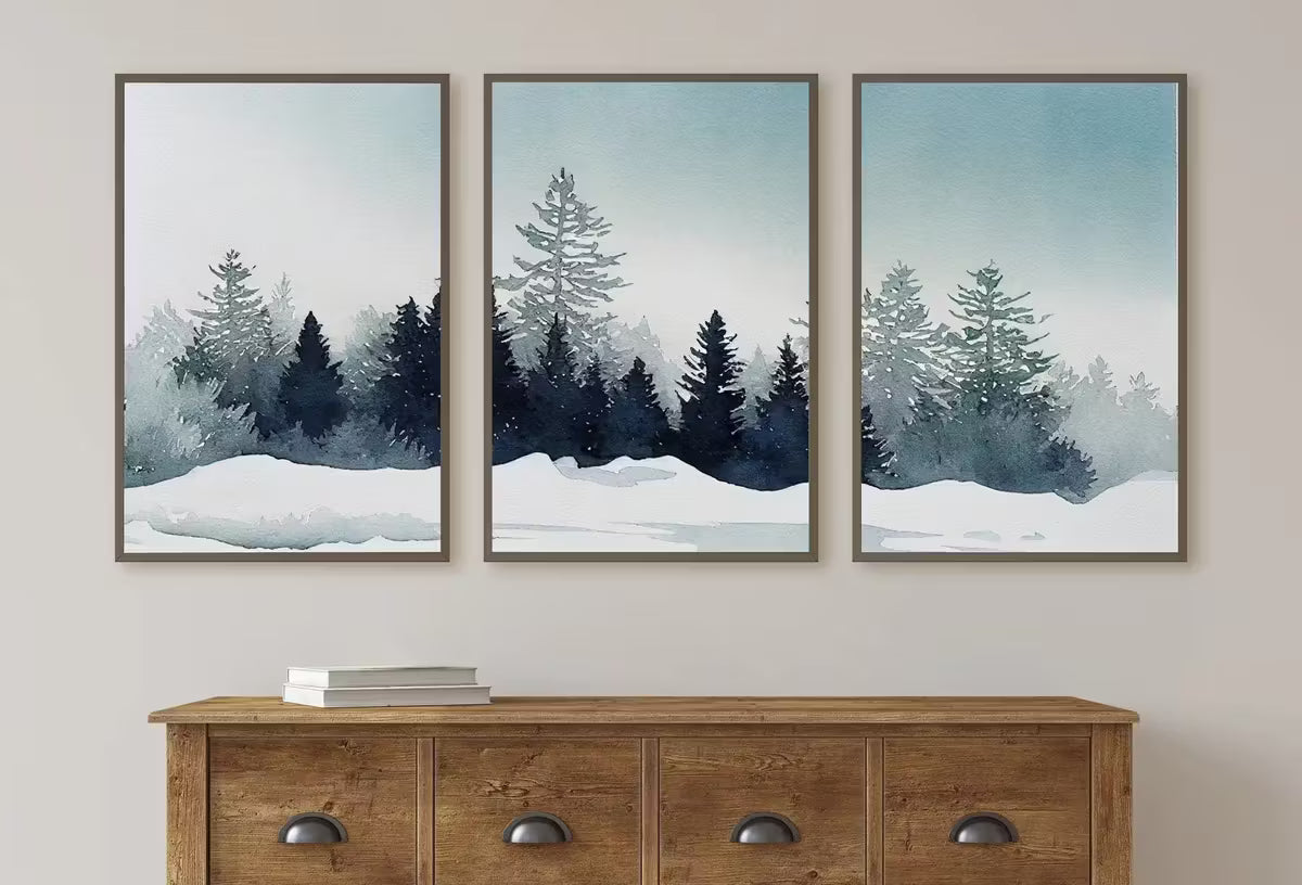 Snowy Forest Watercolor Painting. 3 Piece Wall Art. Winter Forest Landscape Printable. Printable Wall Art. Set of 3 Prints. Gallery Wall Set – Printable Wall Art Set
