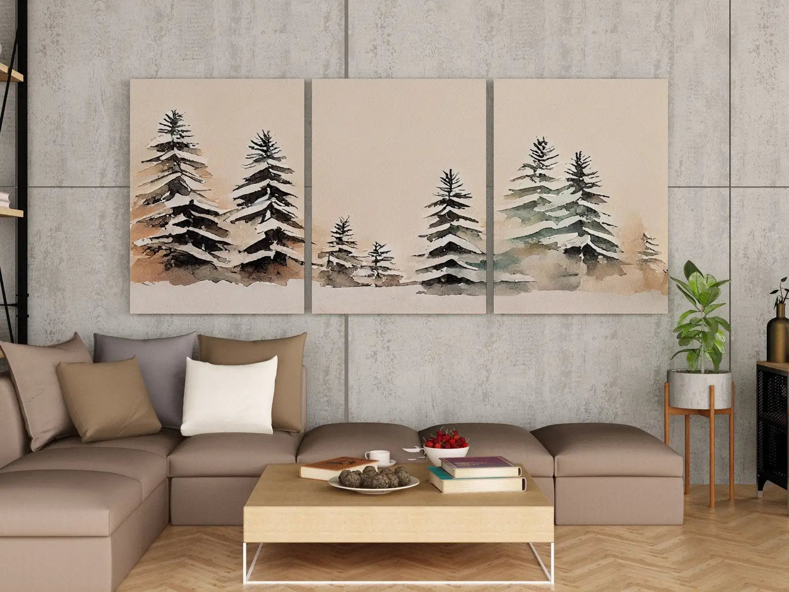 Peinture aquarelle de forêt enneigée : Ensemble de trois impressions pour une galerie murale hivernale, art mural imprimable de paysage forestier.