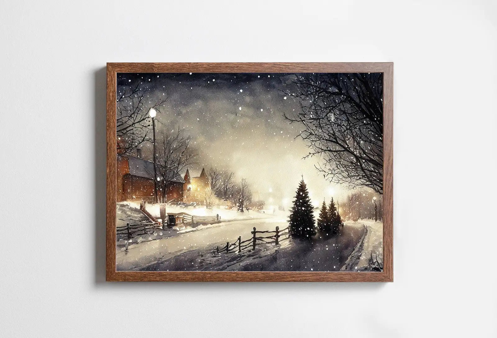 Framed view of Snowy Sunset Rustic Country Print. Winter Landscape Painting. Watercolor Printable Art. Farmhouse Decor Digital Download. Vintage Style Art – printable wall art digital download.