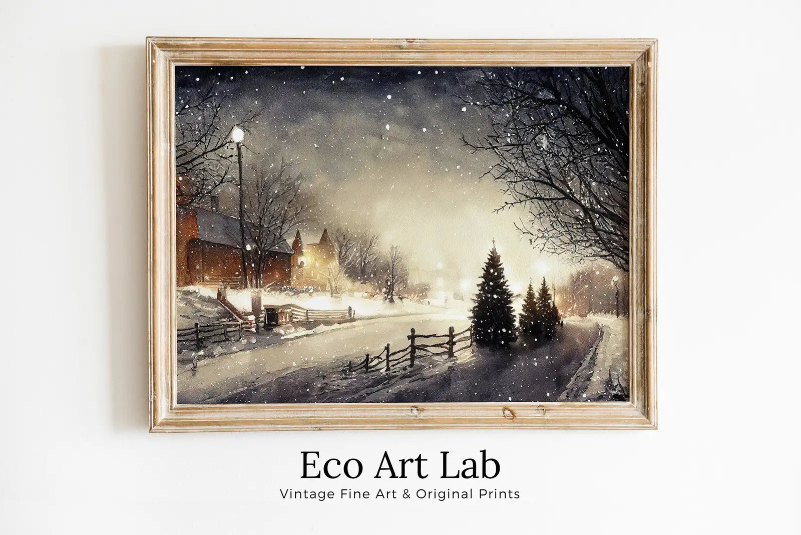Detail view of artwork from Snowy Sunset Rustic Country Print. Winter Landscape Painting. Watercolor Printable Art. Farmhouse Decor Digital Download. Vintage Style Art. (variation 1)