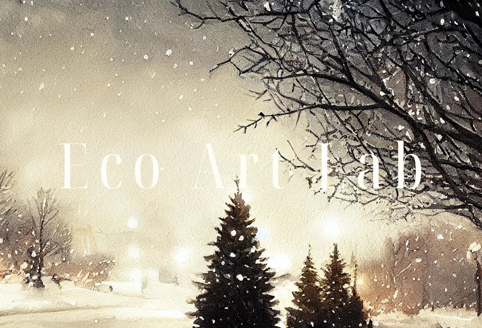 Detail view of artwork from Snowy Sunset Rustic Country Print. Winter Landscape Painting. Watercolor Printable Art. Farmhouse Decor Digital Download. Vintage Style Art. (variation 2)
