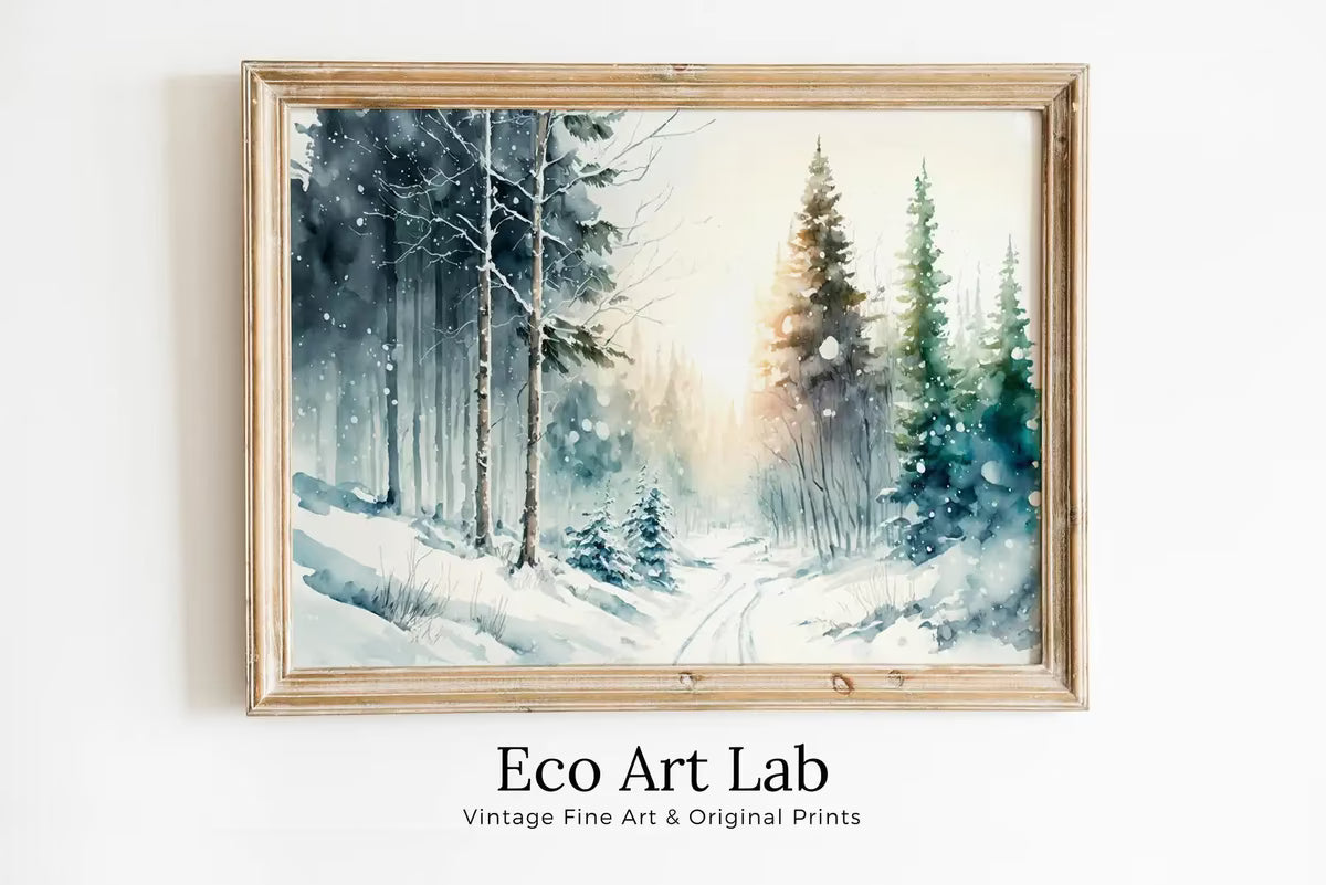 Snowy Winter Forest Watercolor Landscape Printable Art. Green Forest Trees Painting Print. Printable Wall Art. Digital Forest Nature Decor – Printable Wall Art
