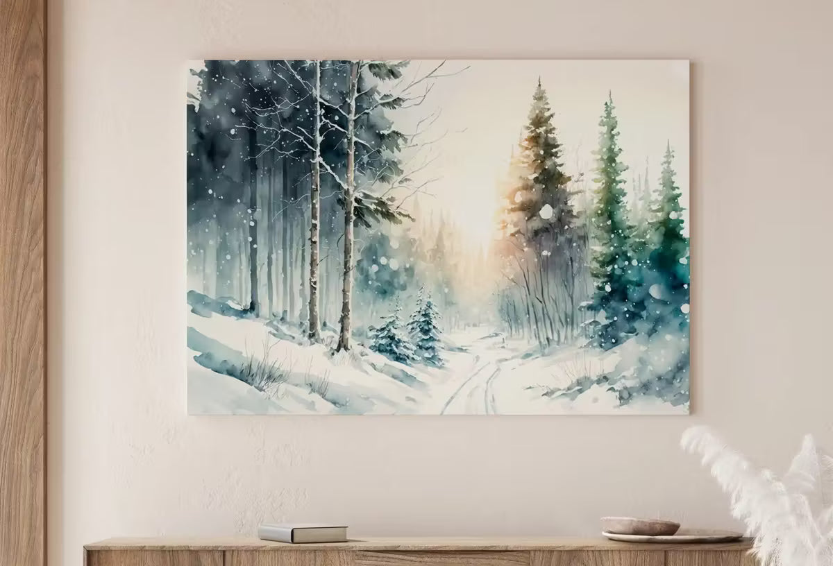 Snowy Winter Forest Watercolor Landscape Printable Art. Green Forest Trees Painting Print. Printable Wall Art. Digital Forest Nature Decor – Printable Wall Art