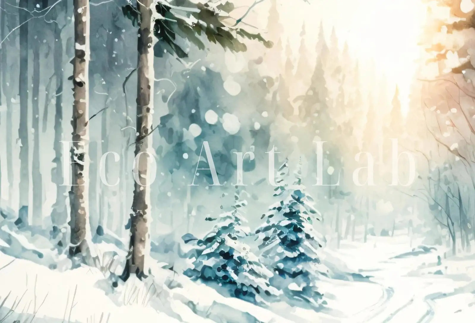 Detail view of artwork from Snowy Winter Forest Watercolor Landscape Printable Art. Green Forest Trees Painting Print. Printable Wall Art. Digital Forest Nature Decor. (variation 1)