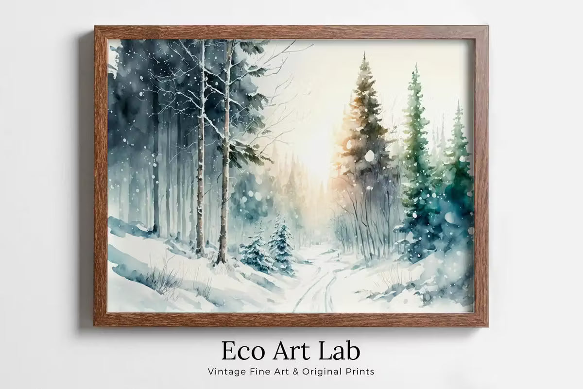 Snowy Winter Forest Watercolor Landscape Printable Art. Green Forest Trees Painting Print. Printable Wall Art. Digital Forest Nature Decor – Printable Wall Art
