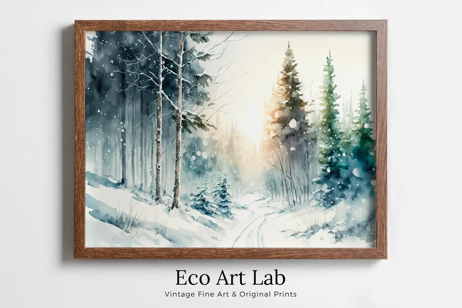 Framed view of Snowy Winter Forest Watercolor Landscape Printable Art. Green Forest Trees Painting Print. Printable Wall Art. Digital Forest Nature Decor – printable wall art digital download.