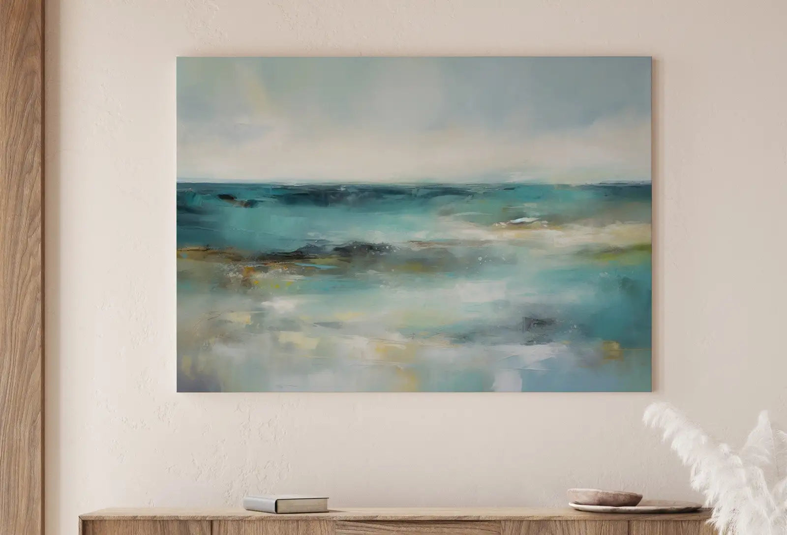 Detail view of artwork from Soft Coastal Landscape. Minimalist Neutral Abstract Painting. Printable Wall Art. Modern Minimalist Poster. Muted Horizon Landscape. (variation 1)