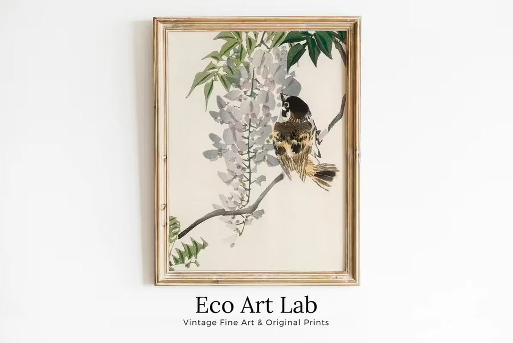 Sparrow Perched On a Branch. Vintage Japanese Painting. Japanese Wall Art Printable Poster. 19th Century Japanese Vintage Wall Art, Bird Art – Printable Wall Art