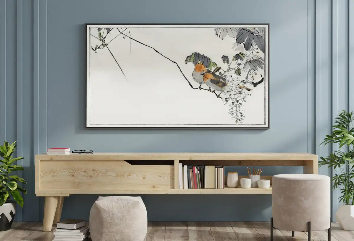 Detail view of artwork from Sparrows Perched On a Branch Frame TV Art. Vintage Japanese Painting Samsung Art TV, Digital Download for Samsung Frame, Retro Frame TV Art. (variation 2)