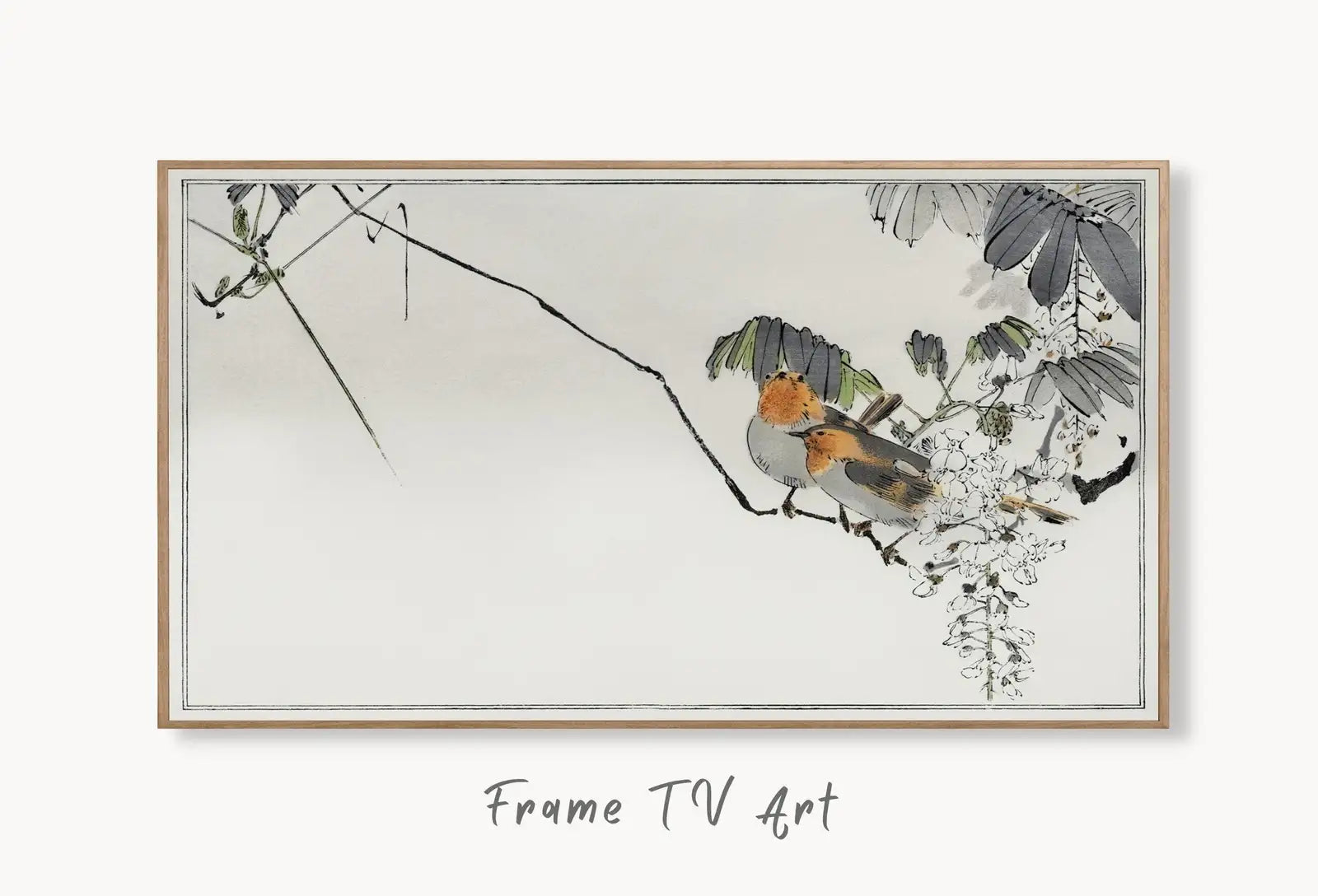 Sparrows Perched On a Branch Frame TV Art. Vintage Japanese Painting Samsung Art TV, Digital Download for Samsung Frame, Retro Frame TV Art displayed on Samsung Frame TV on a living room wall.