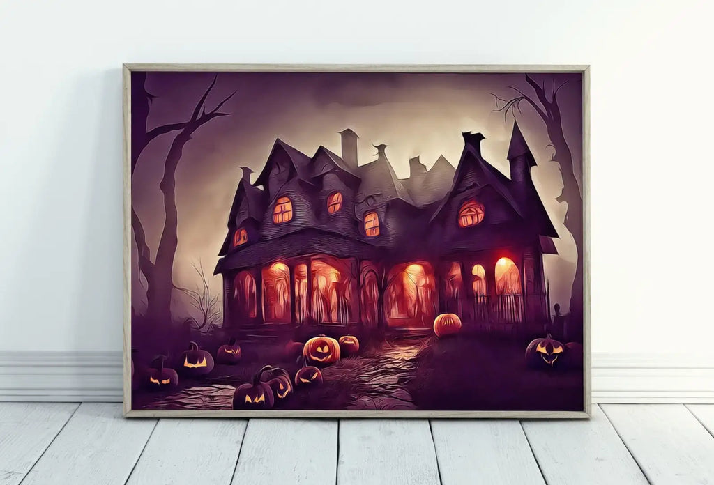 Framed view of Spooky Haunted House Halloween Print. Halloween Printable Wall Art. Scary Halloween Painting. Instant Download Art Print. Fall Decor – printable wall art digital download.