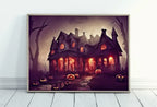 Framed view of Spooky Haunted House Halloween Print. Halloween Printable Wall Art. Scary Halloween Painting. Instant Download Art Print. Fall Decor – printable wall art digital download.