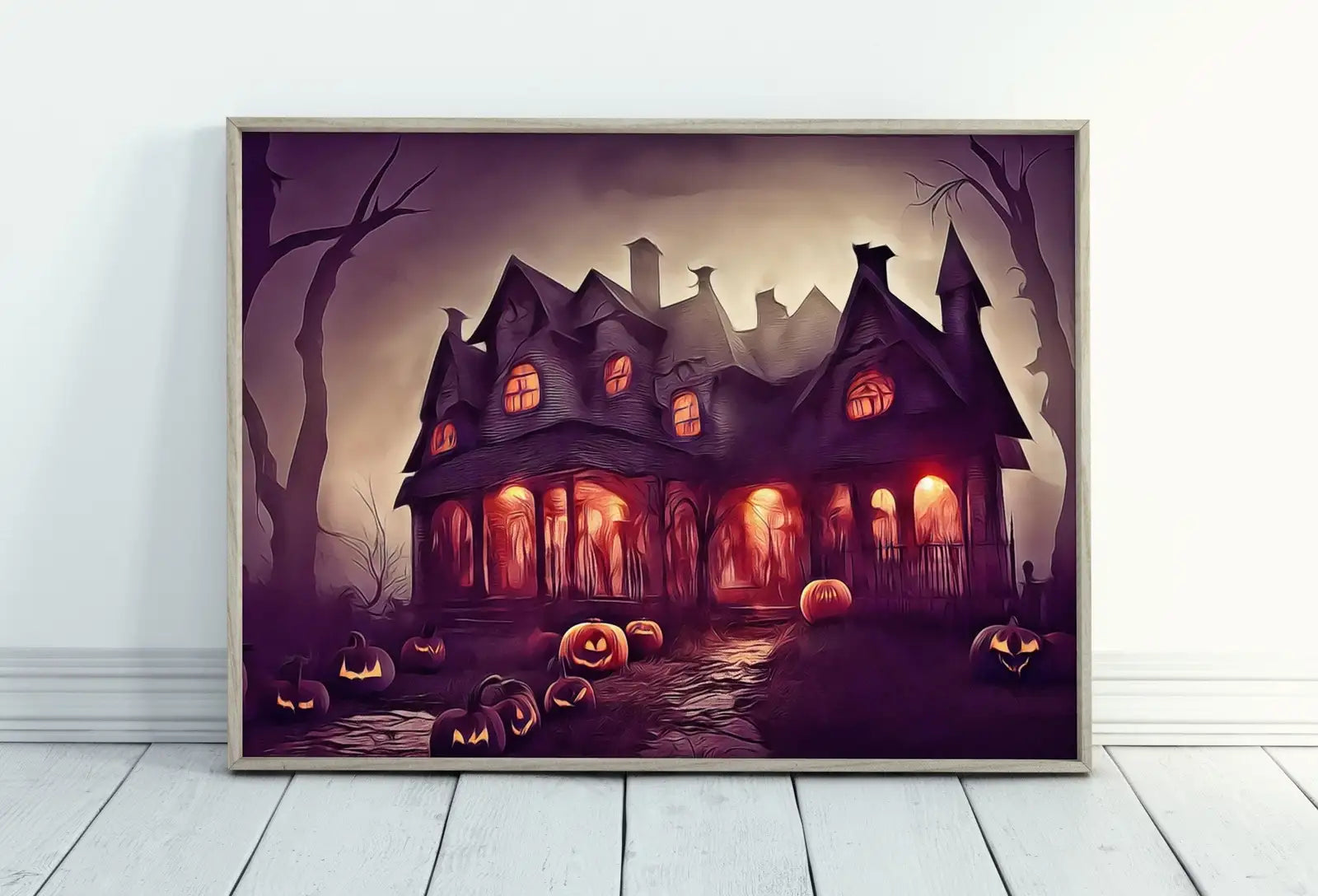 Framed view of Spooky Haunted House Halloween Print. Halloween Printable Wall Art. Scary Halloween Painting. Instant Download Art Print. Fall Decor – printable wall art digital download.