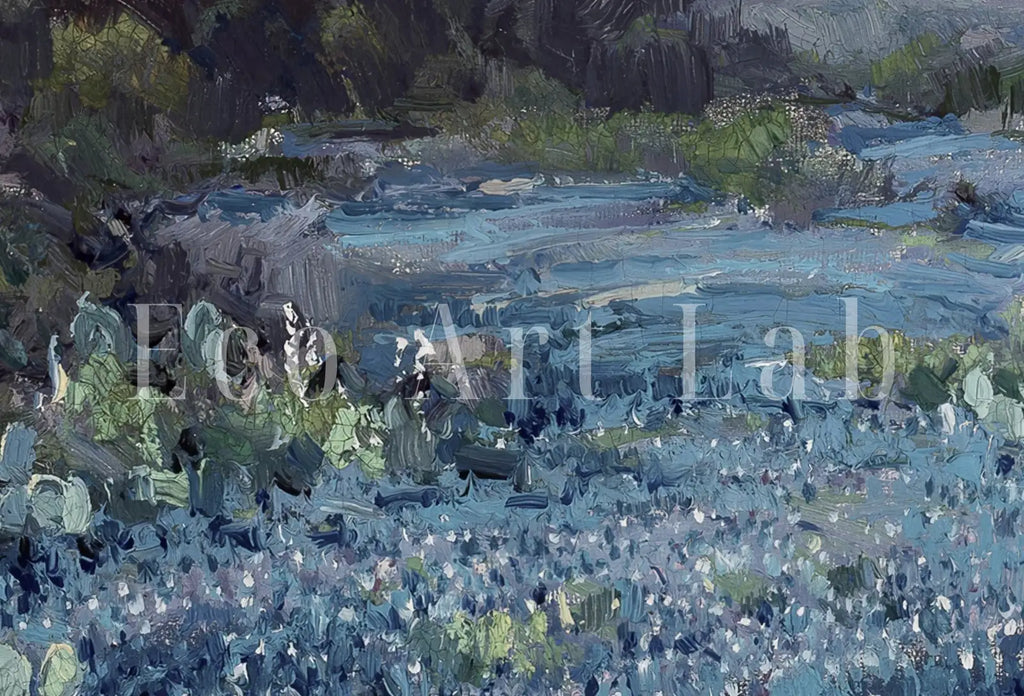 Detail view of artwork from Spring Meadow Landscape Painting. (variation 1)