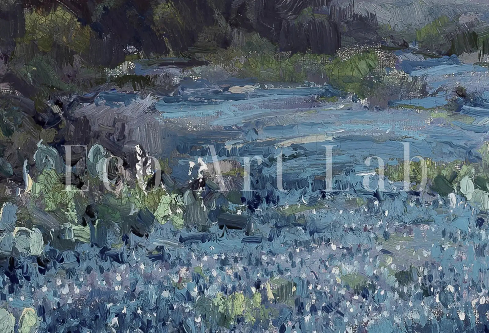 Detail view of artwork from Spring Meadow Landscape Painting. (variation 1)