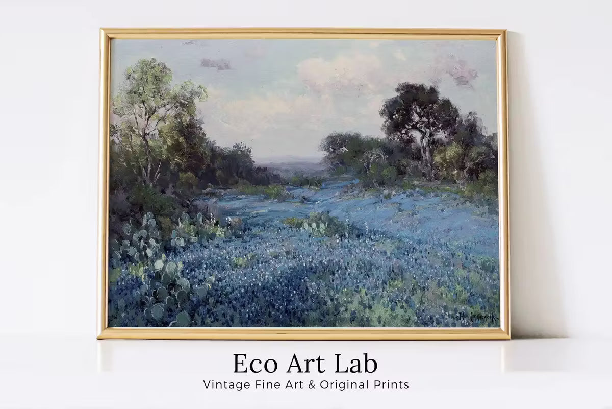 Spring Meadow Landscape Painting | Printable Vintage Landscape | Blue Bonnets at Late Afternoon | Texas Bluebonnets | Flower Field – Printable Wall Art
