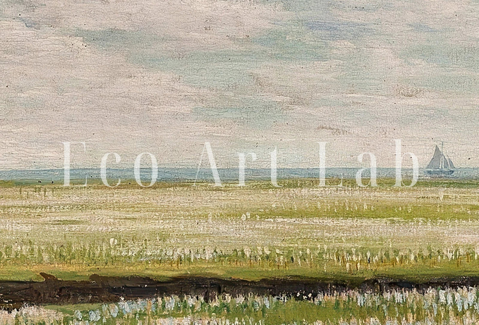 Detail view of artwork from Spring Meadow Landscape Painting. Vintage Landscape Print. Farmhouse Decor. Country Field Printable. Antique Rustic Field Print.. (variation 1)