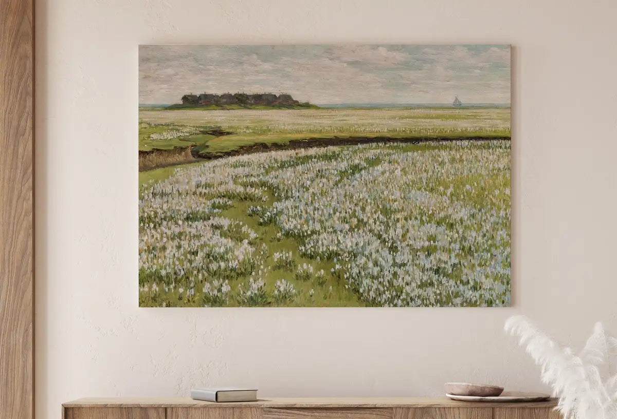 Detail view of artwork from Spring Meadow Landscape Painting. Vintage Landscape Print. Farmhouse Decor. Country Field Printable. Antique Rustic Field Print.. (variation 2)
