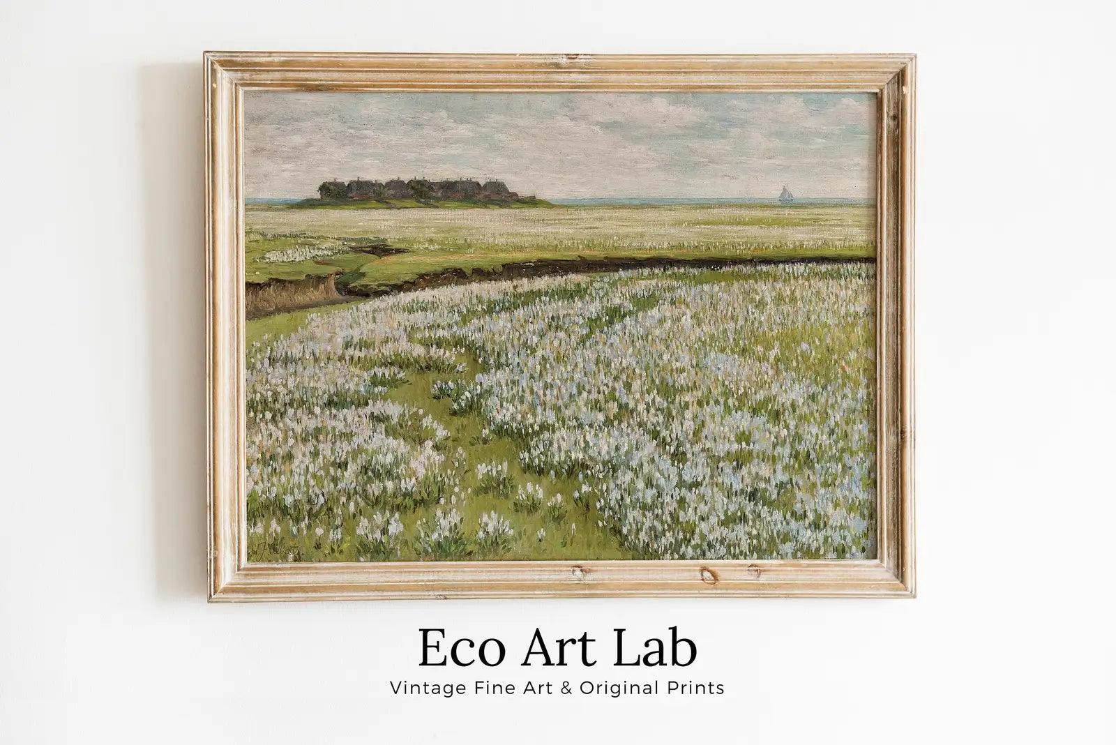 Framed view of Spring Meadow Landscape Painting. Vintage Landscape Print. Farmhouse Decor. Country Field Printable. Antique Rustic Field Print. – printable wall art digital download.