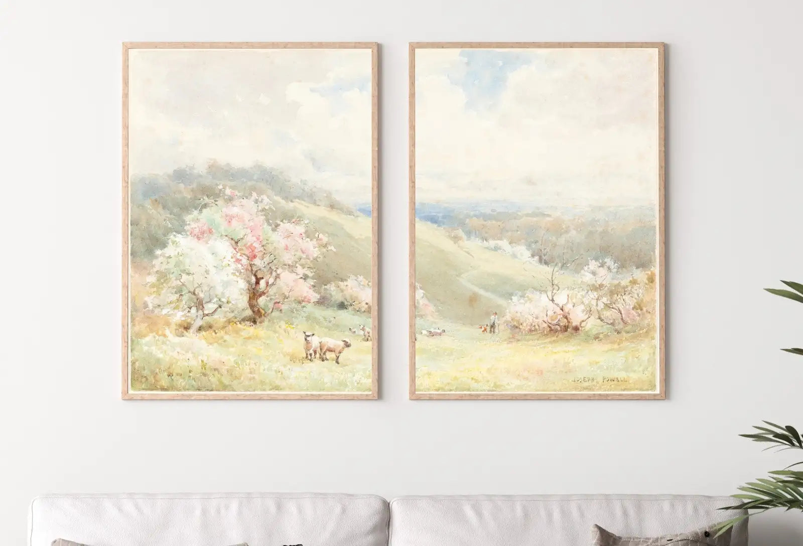 Peinture de Prairie de printemps, impression de paysage vintage. Art mural en 2 pièces. Peinture à l’aquarelle de champ de campagne aux couleurs douces. Ensemble de 2 impressions d’art de campagne.