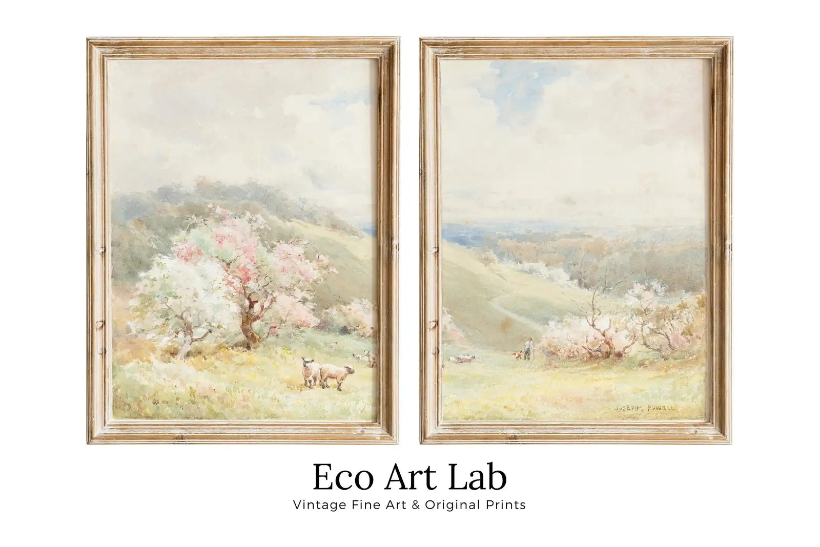 Peinture de Prairie de printemps, impression de paysage vintage. Art mural en 2 pièces. Peinture à l’aquarelle de champ de campagne aux couleurs douces. Ensemble de 2 impressions d’art de campagne.