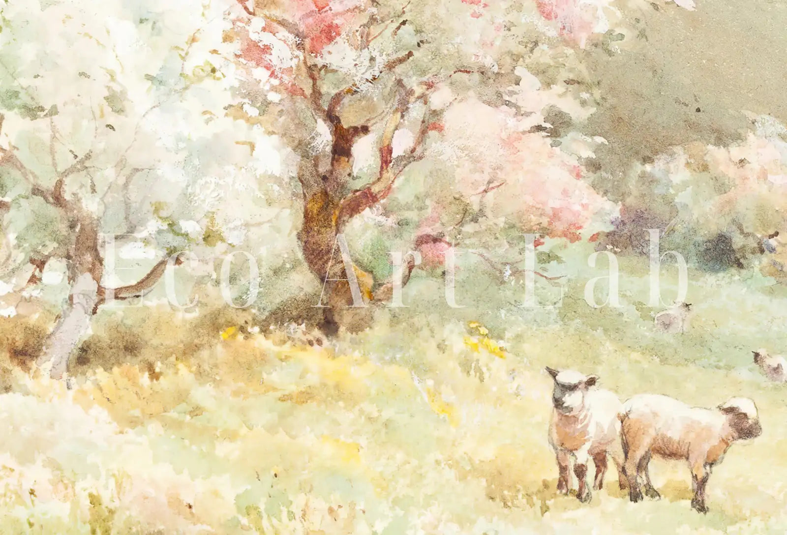 Peinture de Prairie de printemps, impression de paysage vintage. Art mural en 2 pièces. Peinture à l’aquarelle de champ de campagne aux couleurs douces. Ensemble de 2 impressions d’art de campagne.