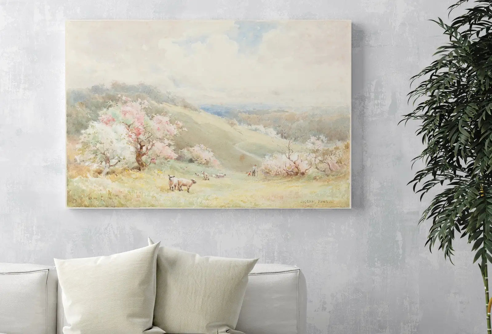 Detail view of artwork from Spring Meadow Painting Vintage Landscape Print. Country Field Soft Colors Watercolor Painting Spring Landscape. Farmhouse Country Art Print. (variation 1)