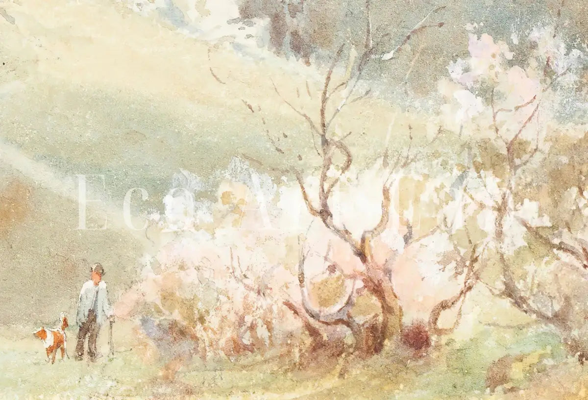 Detail view of artwork from Spring Meadow Painting Vintage Landscape Print. Country Field Soft Colors Watercolor Painting Spring Landscape. Farmhouse Country Art Print. (variation 2)