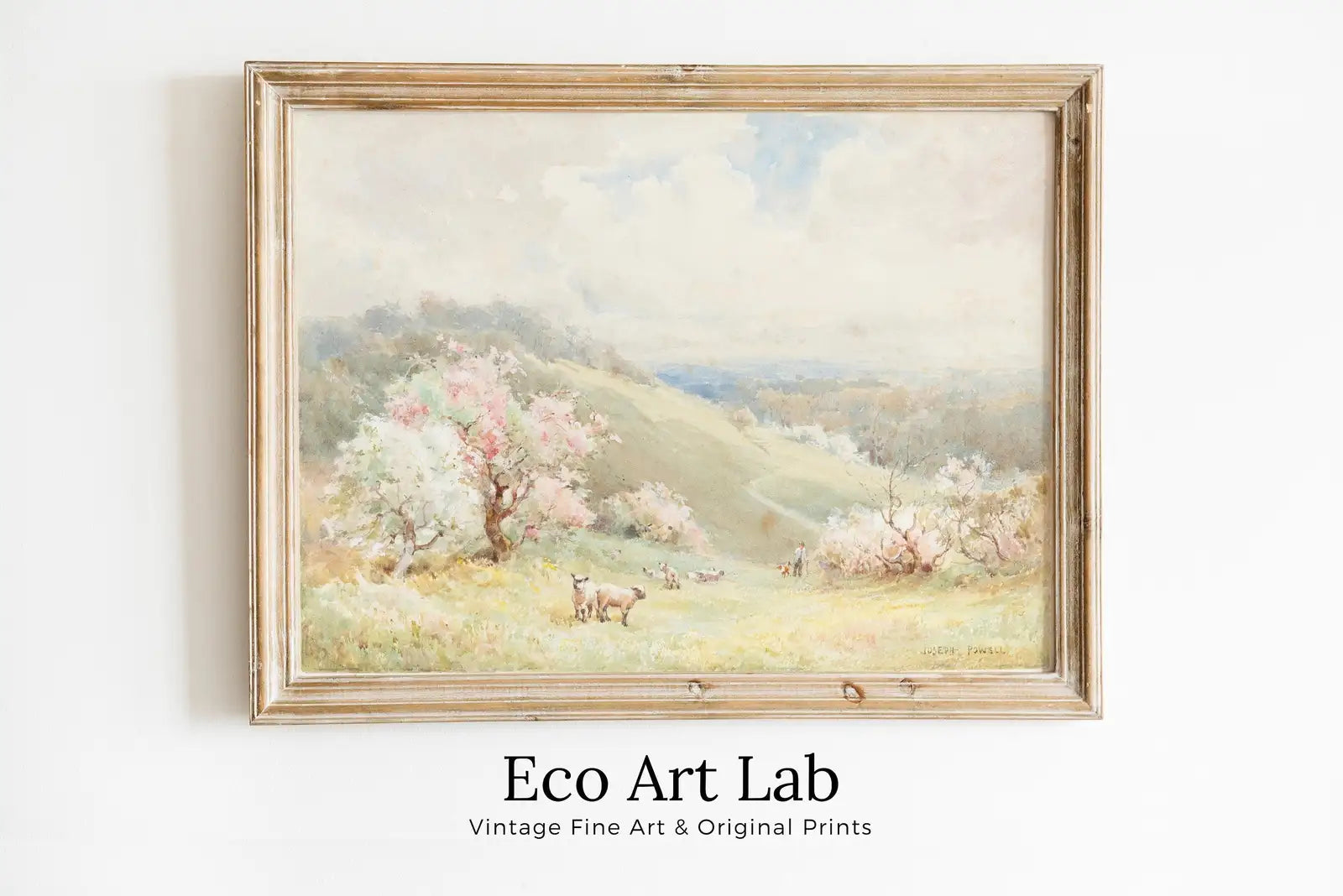 Framed view of Spring Meadow Painting Vintage Landscape Print. Country Field Soft Colors Watercolor Painting Spring Landscape. Farmhouse Country Art Print – printable wall art digital download.