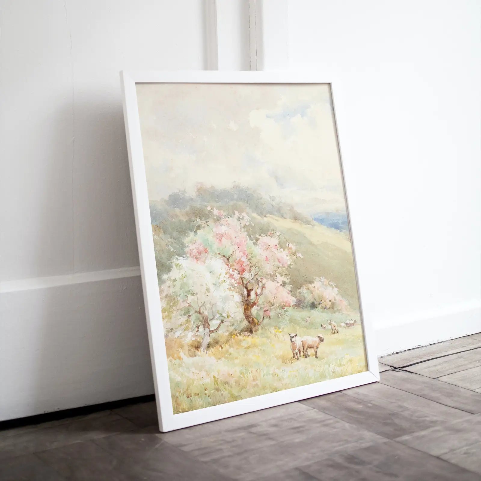 Included artwork preview showing first selection of artworks from Spring Meadow w/ Sheep Vintage Landscape Print. Country Field Soft Colors Watercolor Painting Spring Landscape. Farmhouse Country Art Print.