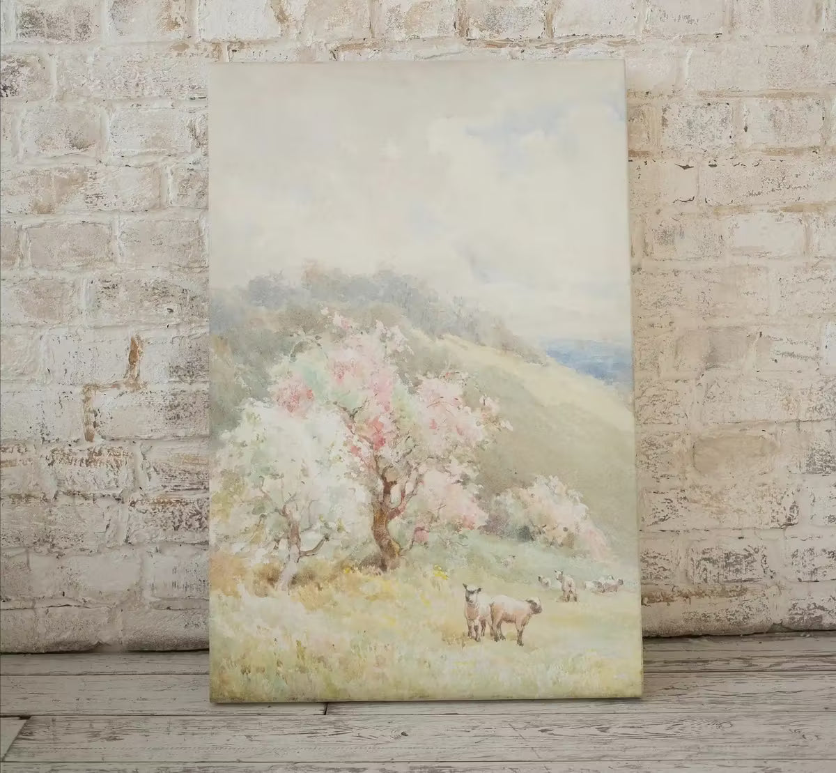 Spring Meadow w/ Sheep Vintage Landscape Print. Country Field Soft Colors Watercolor Painting Spring Landscape. Farmhouse Country Art Print – Printable Wall Art