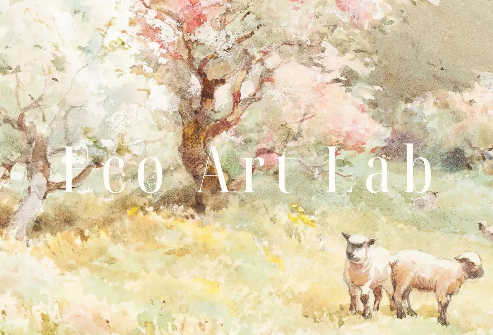 Detail view of artwork from Spring Meadow w/ Sheep Vintage Landscape Print. Country Field Soft Colors Watercolor Painting Spring Landscape. Farmhouse Country Art Print. (variation 1)