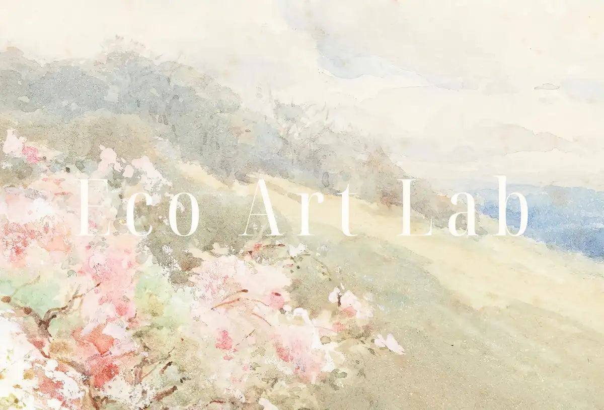 Detail view of artwork from Spring Meadow w/ Sheep Vintage Landscape Print. Country Field Soft Colors Watercolor Painting Spring Landscape. Farmhouse Country Art Print. (variation 2)