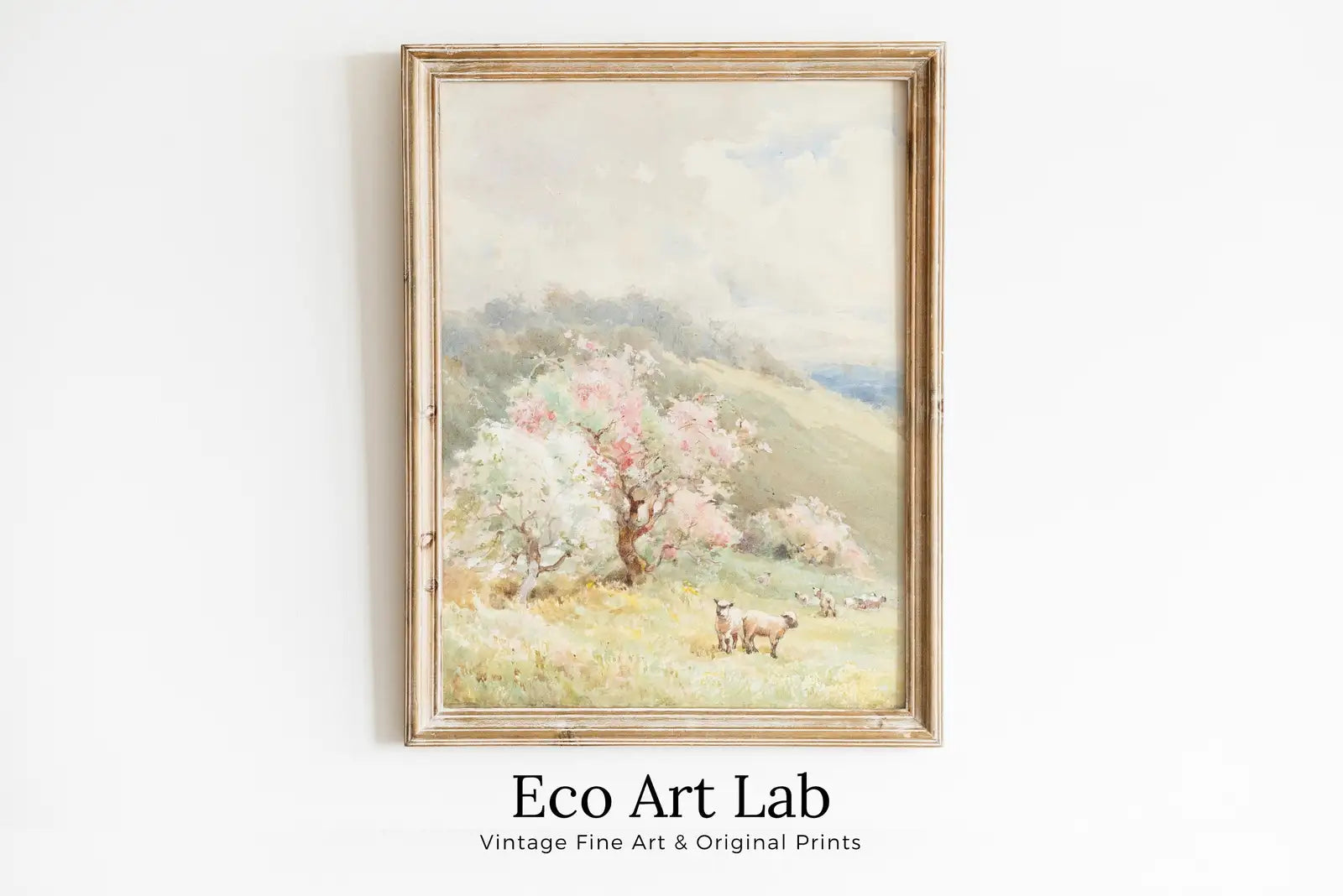 Framed view of Spring Meadow w/ Sheep Vintage Landscape Print. Country Field Soft Colors Watercolor Painting Spring Landscape. Farmhouse Country Art Print – printable wall art digital download.