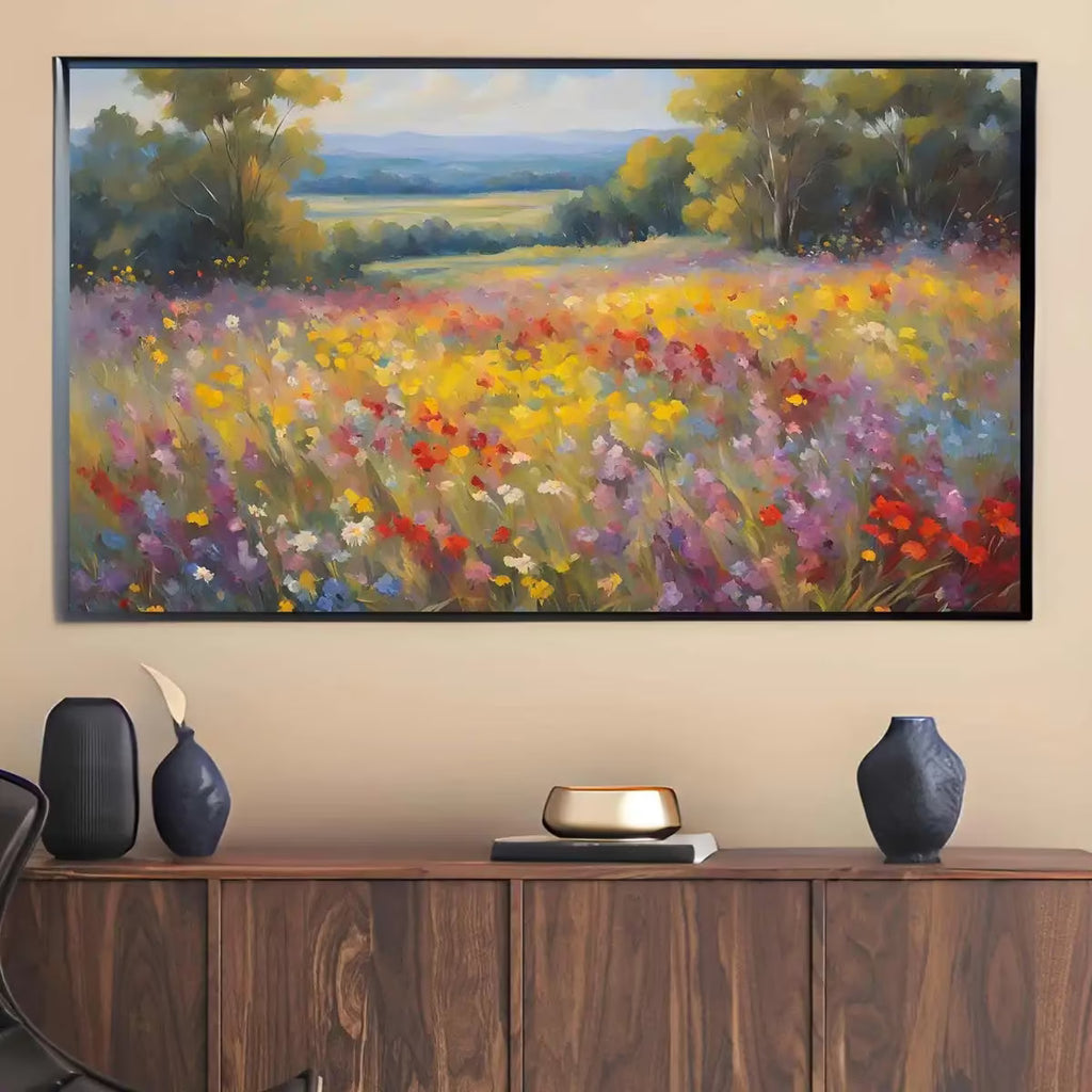 Spring Wildflowers Field Art. Original Oil Painting for Frame TV. Landscape Decor for Home Design – Frame TV  Art