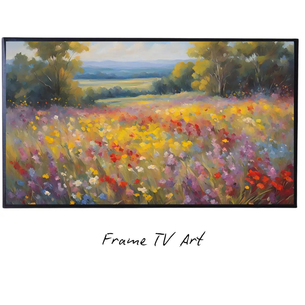 Spring Wildflowers Field Art. Original Oil Painting for Frame TV. Landscape Decor for Home Design displayed on Samsung Frame TV on a living room wall.