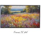 Spring Wildflowers Field Art. Original Oil Painting for Frame TV. Landscape Decor for Home Design displayed on Samsung Frame TV on a living room wall.