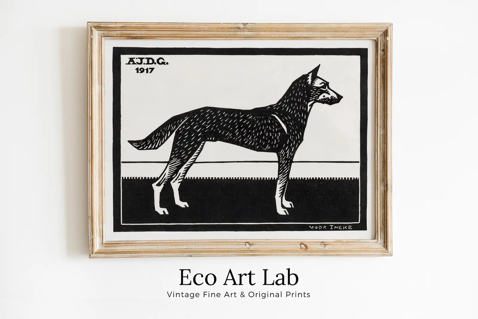 Framed view of Standing Dog Painting Vintage Art Nouveau Print Wall Art. Instant Download Dog Poster Julie De Graag Printable Wall Art. Art Nouveau Poster – printable wall art digital download.