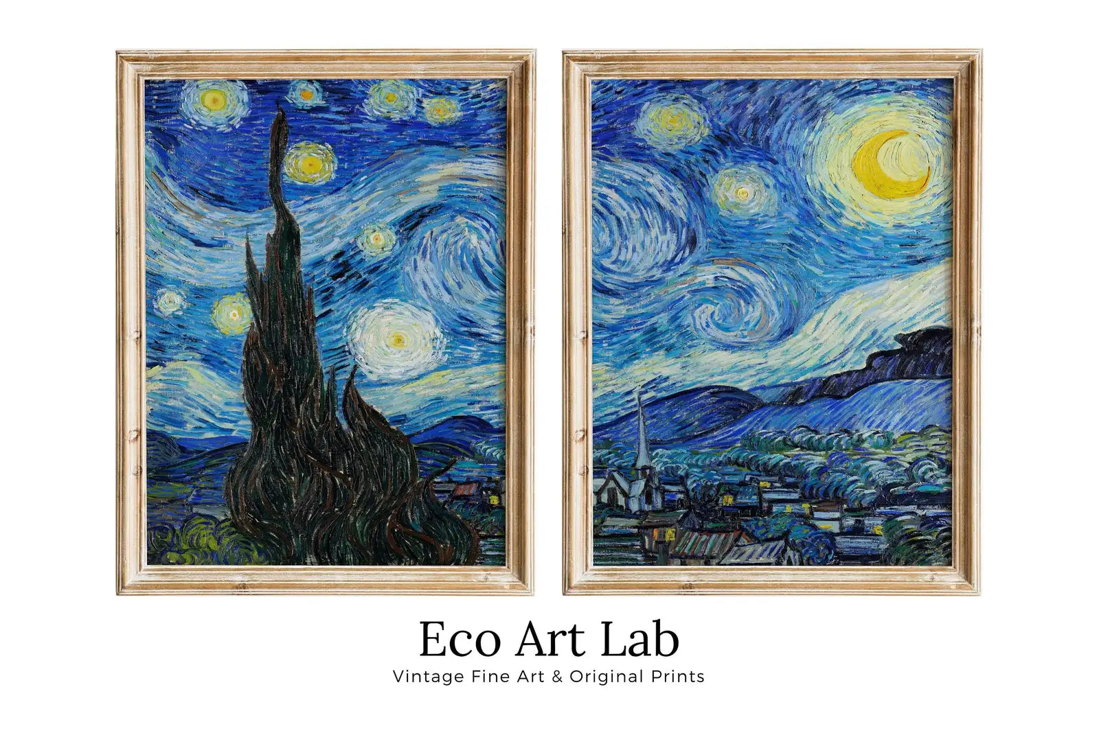 Nuit étoilée de Vincent van Gogh, ensemble de 2 arts, arts de beaux-arts célèbres, peinture vintage à télécharger instantanément, ensemble de 2 pièces d’art mural